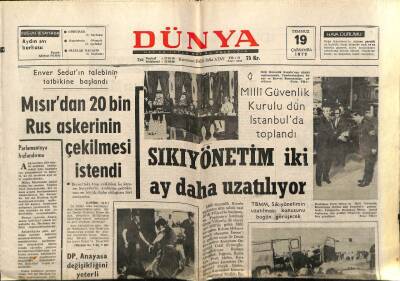 Dünya Gazetesi 19 Temmuz 1972 - Mısırdan 20 Bin Rus Askerinin Çekilmesi İstendi GZ68081 - 2
