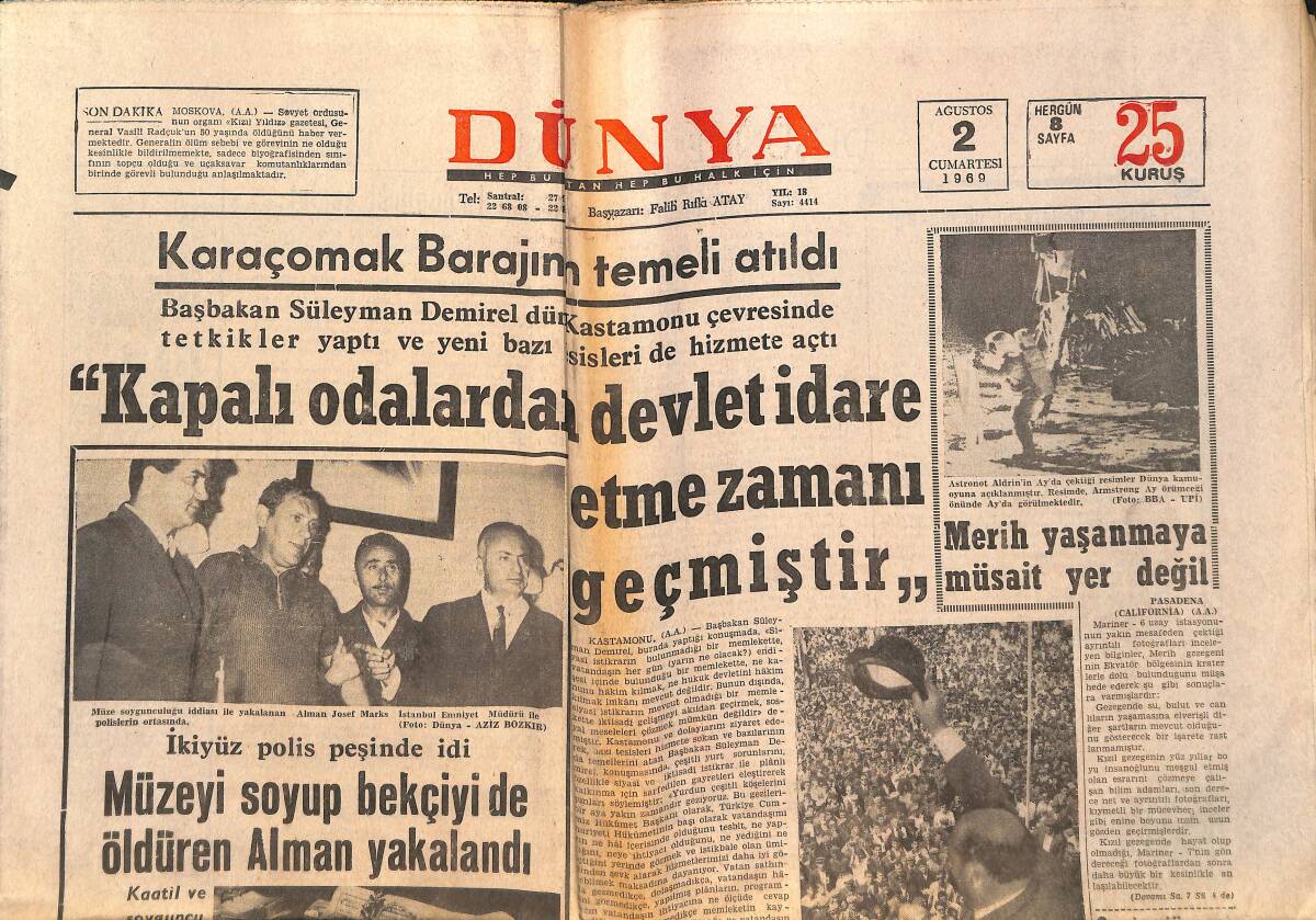 Dünya Gazetesi 2 Ağustos 1969 - Karaçomak Barajının Temeli Atıldı - Suriye Birlikleri Dün Ürdün'e Girdi GZ150511 - 1