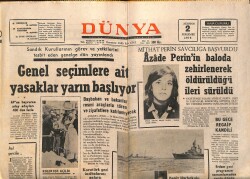 Dünya Gazetesi 2 Ağustos 1973 - Türkan Şoray Yeni Bir Film Yönetiyor - Cüneyt Arkın - Azade Perin'in Baloda Zehirlenerek Öldürüldüğü Öne Sürüldü GZ149369 - 1
