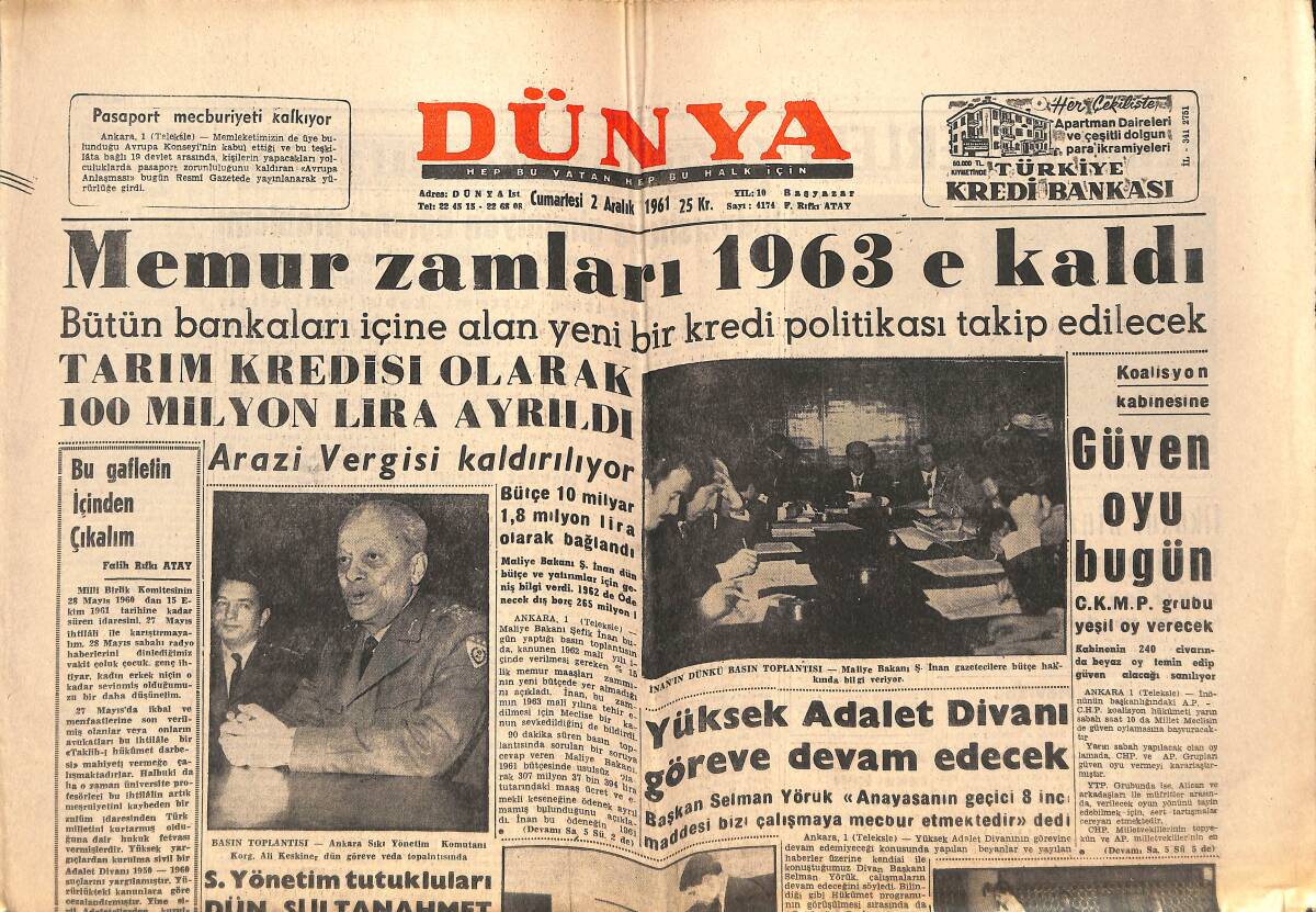 Dünya Gazetesi 2 Aralık 1961 - Brigitte Bardot'un Aşkı - A. Üniversitesinde Gericilik GZ152460 - 1
