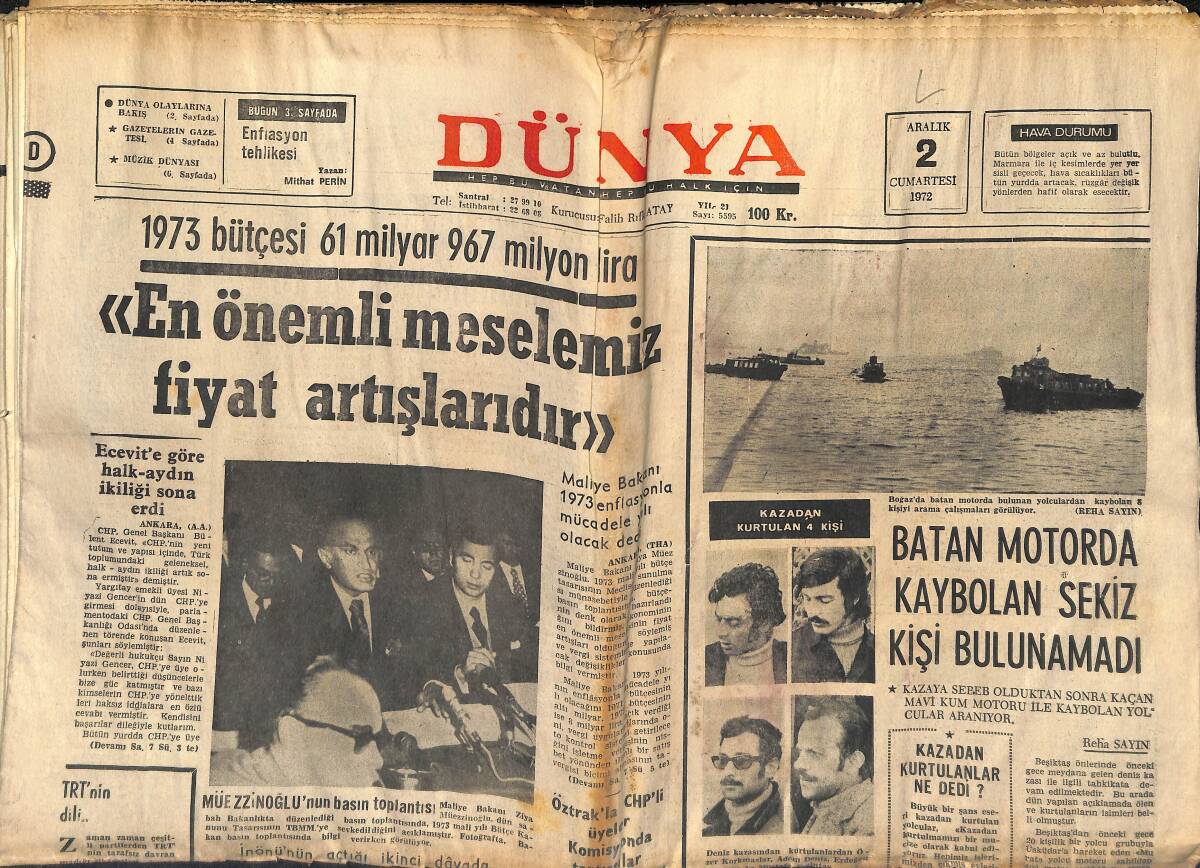 Dünya Gazetesi 2 Aralık 1972 - Apollo-17 İçin Geriye Sayma İşlemi Dün Başladı - Raquel Welch Bomba Olmaktan Memnun GZ150997 - 1