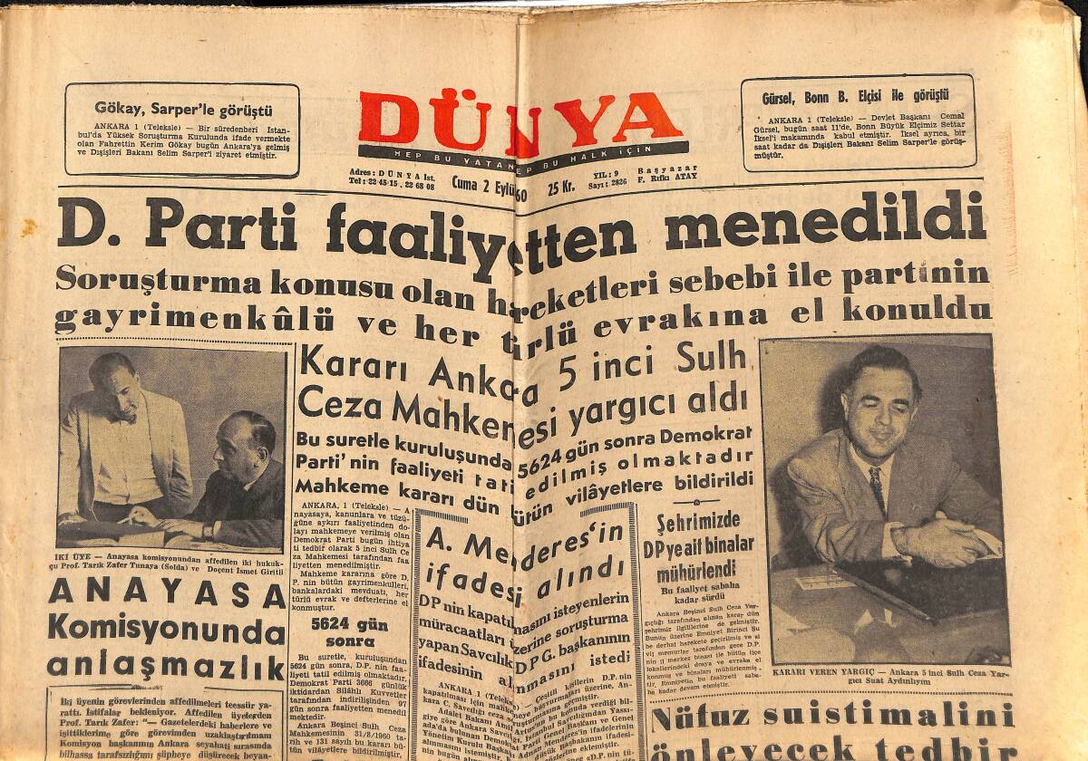 Dünya Gazetesi 2 Eylül 1960 - Adnan Menderes'in İfadesi Alındı - DP'ye Ait Binalar Mühürlendi GZ152188 - 1