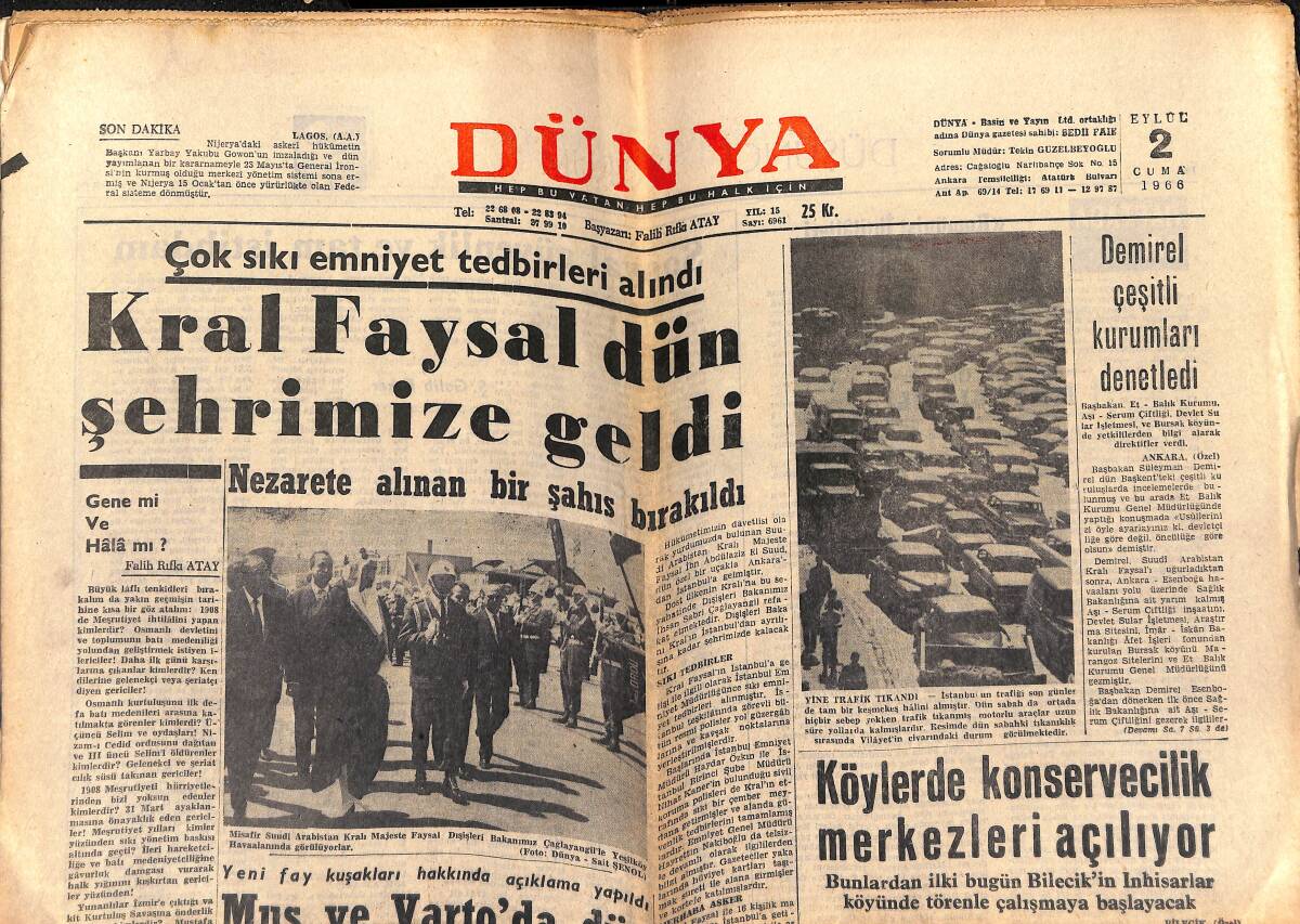 Dünya Gazetesi 2 Eylül 1966 - Kral Faysal Şehrimize Geldi - Şah Ve Melike Su Kayağı Yapıyorlar GZ151045 - 1