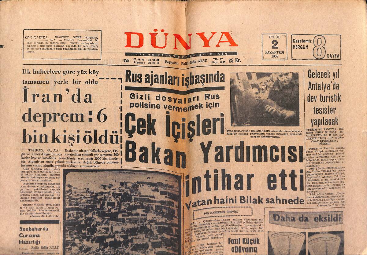 Dünya Gazetesi 2 Eylül 1968 - Arap Nasri Kumar Oynatırken Tutuldu - Çek İşleri Bakan Yardımcısı İntihar Etti GZ149600 - 1
