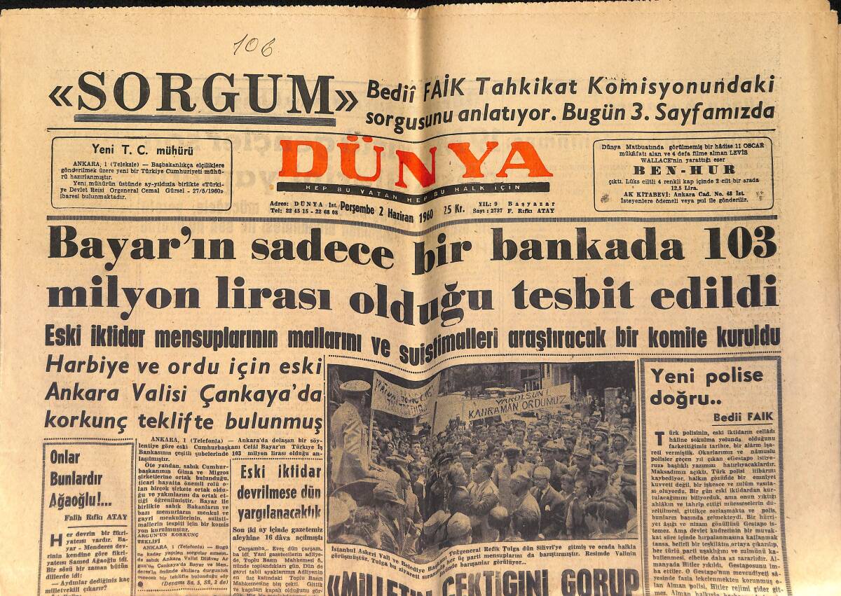 Dünya Gazetesi 2 Haziran 1960 - Bayar'ın Sadece Bir Bankada 103 Milyon Lirası Olduğu Tesbit Edildi GZ153972 - 1