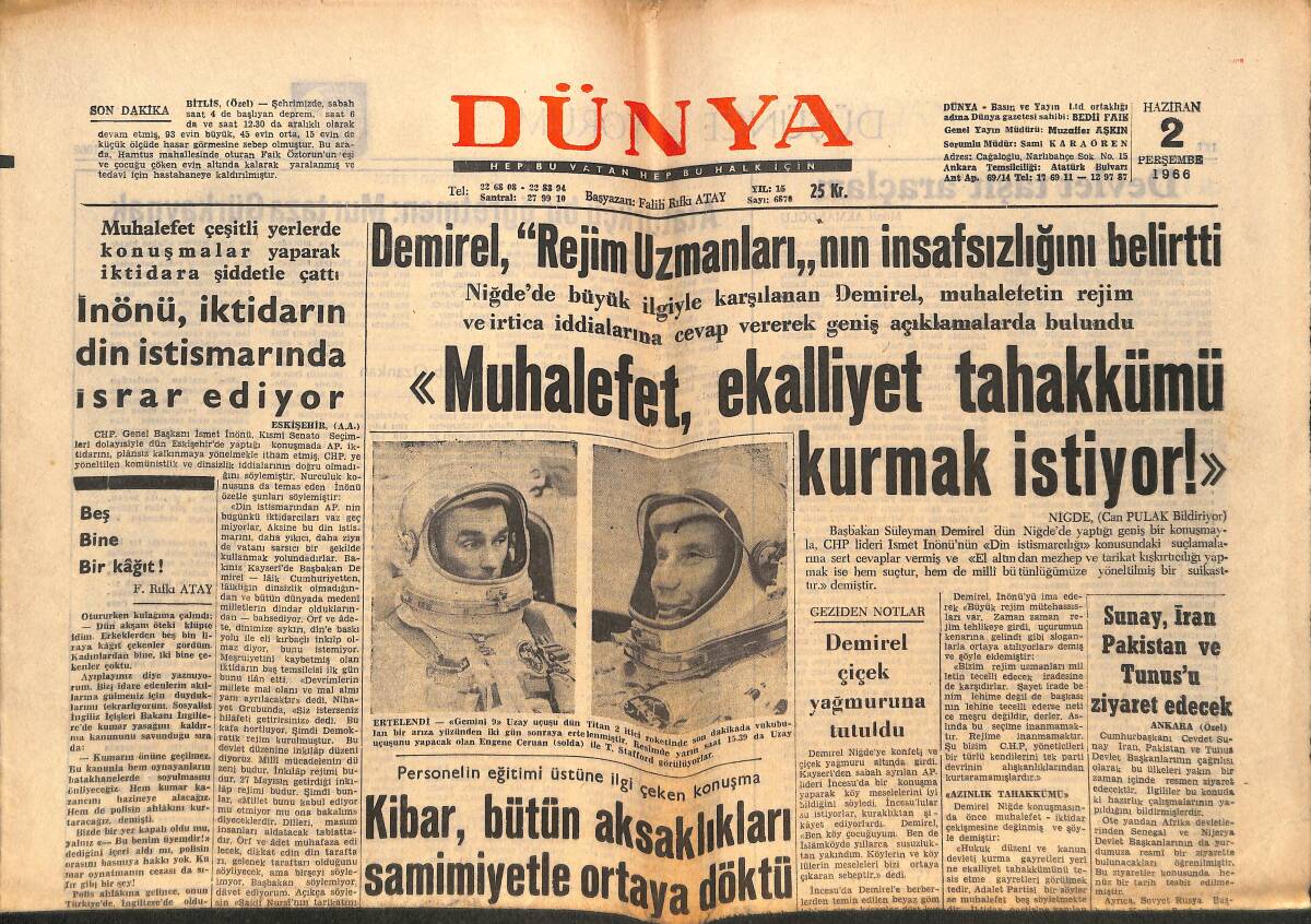 Dünya Gazetesi 2 Haziran 1966 - Aşık İhsani Tevkif Edildi - Tatvan Soyguncuları Yakalandı GZ151313 - 1