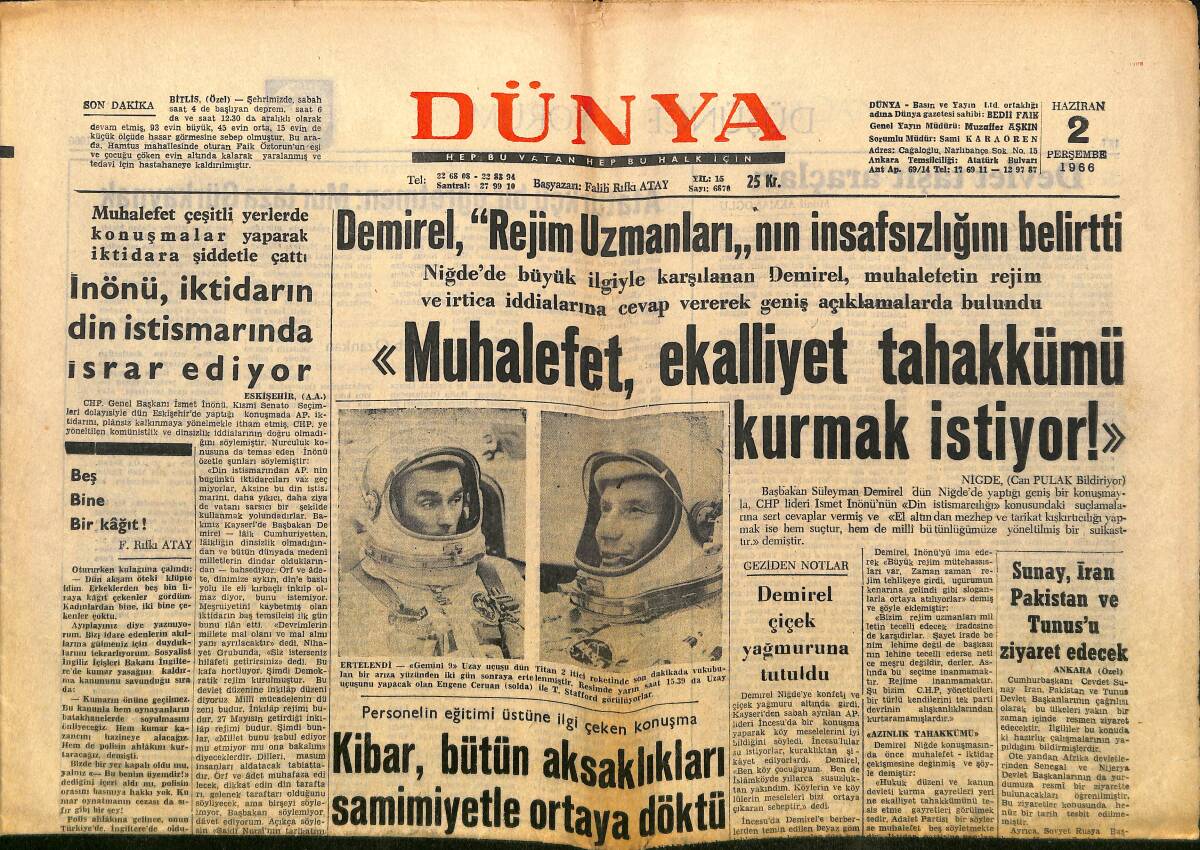 Dünya Gazetesi 2 Haziran 1966 - Tatvan Soyguncuları Yakalandı - Aşık İhsani Tevkif Edildi GZ160462 - 1