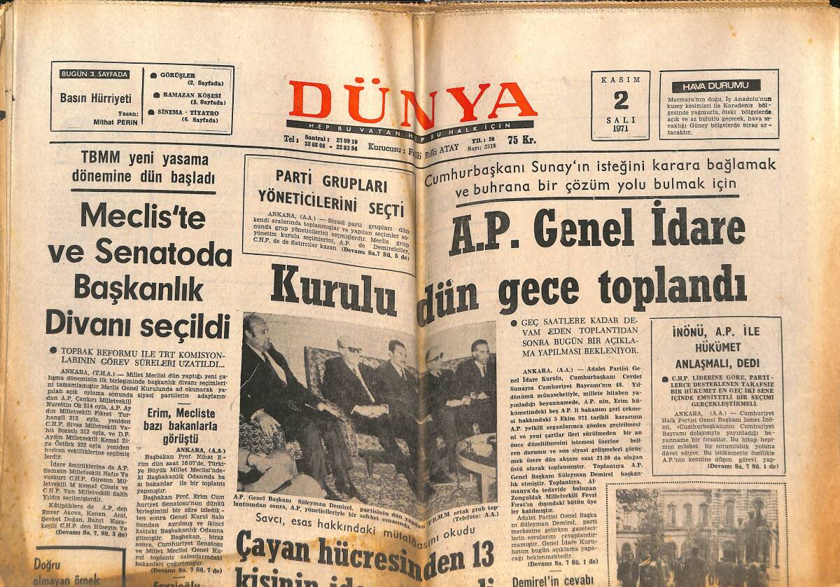 Dünya Gazetesi 2 Kasım 1971 - Çayan Hücresinden 13 Kişinin İdamı İstendi - Paşabahçe Şişe-Cam2da İşçiler Tartıştı GZ151083 - 1
