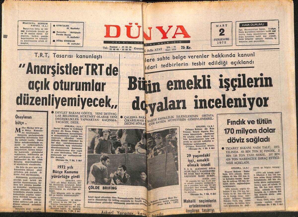 Dünya Gazetesi 2 Mart 1972 - Fındık Ve Tütün 170 Milyon Dolar Döviz Sağladı - Mine Mutlu Yeni Bir Aşk Peşinde GZ148290 - 1