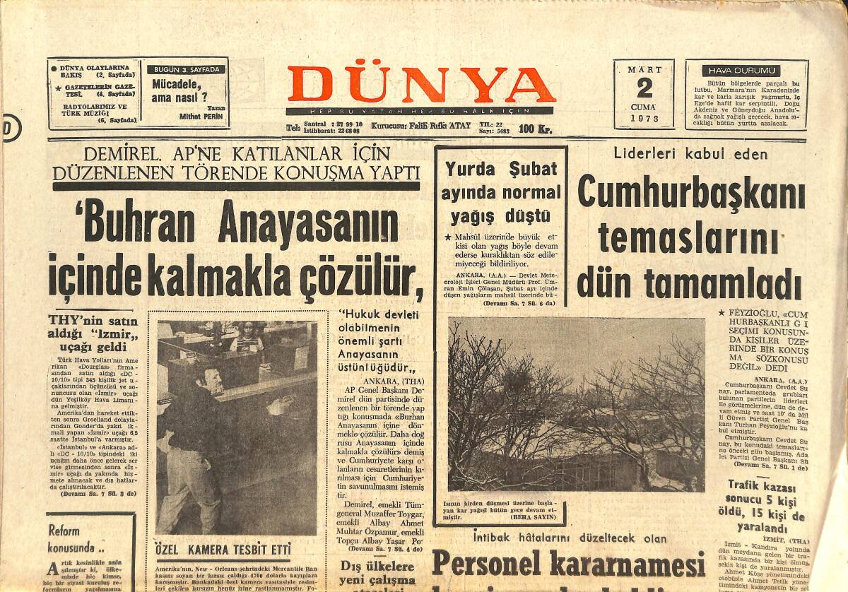 Dünya Gazetesi 2 Mart 1973 - Akdeniz'e İki Sovyet Gemisi İndi - Türk Amerikan Seramik Sergisi GZ142809 - 1