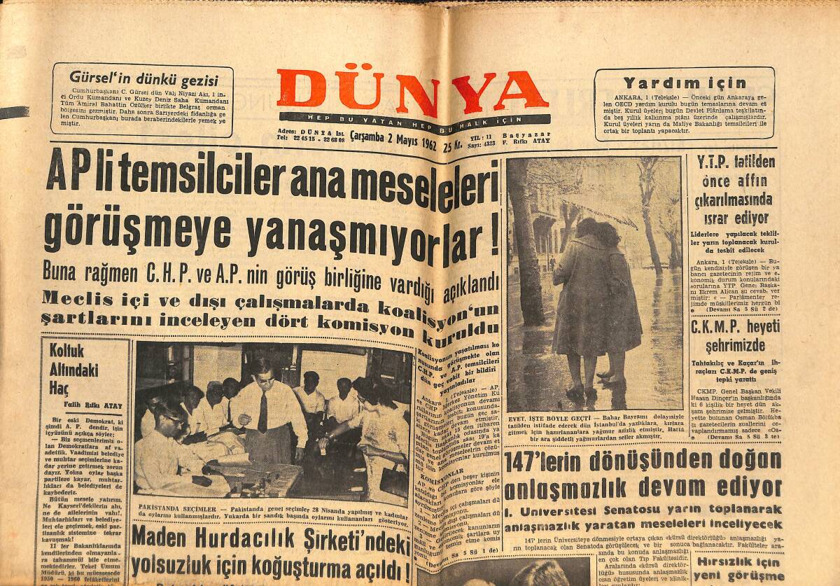 Dünya Gazetesi 2 Mayıs 1962 - Frank Sinatra Atina'ya Geldi - Lefter Takımıyla Antrenmana Çıktı GZ151087 - 1
