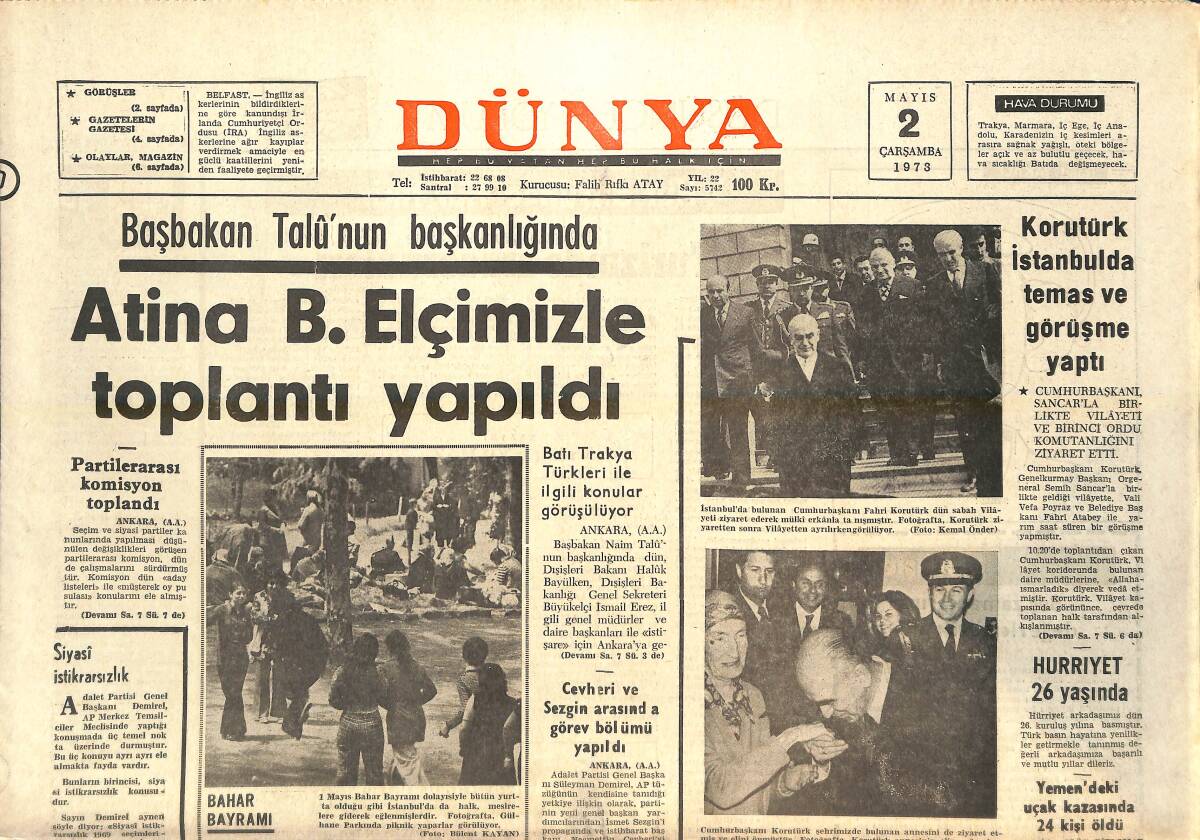 Dünya Gazetesi 2 Mayıs 1973 - Atina B. Elçimizle Toplantı Yapıldı - Rus Basketbol Takımı İki Gün Sonra Rövanşı Aldı! GZ143034 - 1