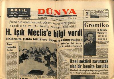 Dünya Gazetesi 2 Nisan 1965 - H.Işık Meclise Bilgi Verdi.Kıbrısta Oldu Bittilere İzin Vermeyeceğiz GZ59884 - 2