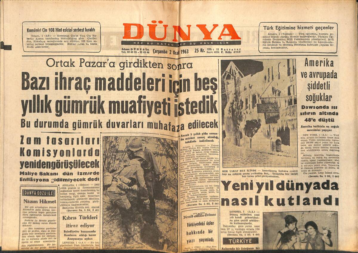 Dünya Gazetesi 2 Ocak 1963 - Galatasaray Fin Hamamına Gidecek - Kıbrıs Türkleri İtiraz Ediyor GZ151077 - 1