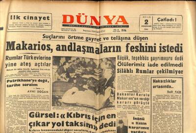Dünya Gazetesi 2 Ocak 1964 - Makarios , Andlaşmaların Feshini İstedi GZ82178 - 1