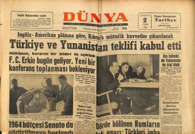 Dünya Gazetesi 2 Şubat 1964 - Türkiye Ve Yunanistan Teklifi Kabul Etti GZ68162 - 1