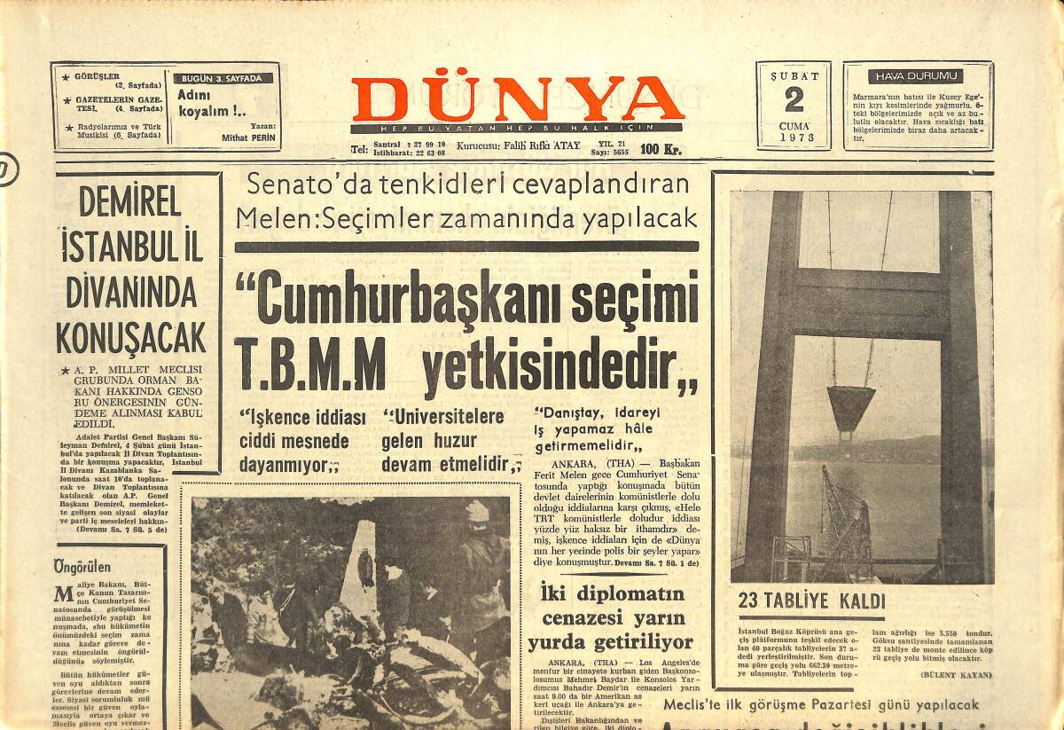 Dünya Gazetesi 2 Şubat 1973 - Süleyman Demirel İstanbul İl Divanında Konuşacak - Anayasa Değişikliği Komisyonda Kabul Edildi! GZ143016 - 1