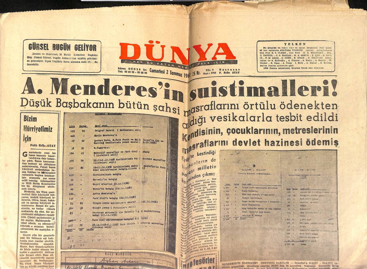 Dünya Gazetesi 2 Temmuz 1960 - A.Menderes'in Suistimalleri ! - T. Ceza Kanununda Değişiklik Yapılacak GZ153987 - 1