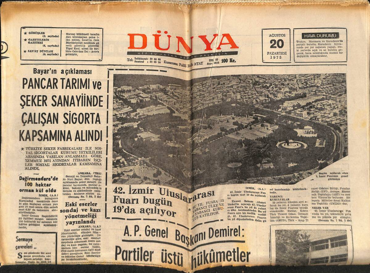 Dünya Gazetesi 20 Ağustos 1973 - 42. İzmir Uluslararası Fuarı Bugün Açılıyor - Bayar'ın Açıklaması GZ152240 - 1
