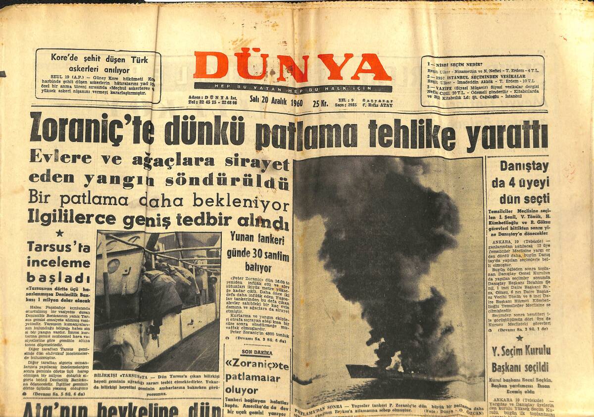 Dünya Gazetesi 20 Aralık 1960 - Zoraniç'te Dünkü Patlama Tehlike Yarattı - Milletvekilleri Kendi Maaşlarını Arttıramayacak GZ148081 - 1