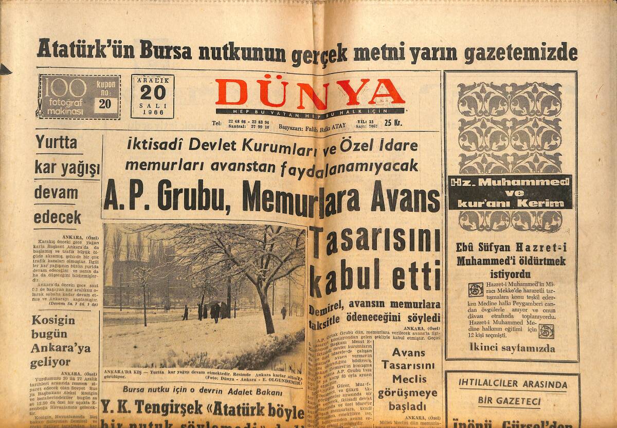 Dünya Gazetesi 20 Aralık 1966 - AP Grubu, Memurlara Avans Tasarısını Kabul Etti - İnönü, Gürsel'den Ültimatomu Kabul Etmesini İstemişti GZ146335 - 1