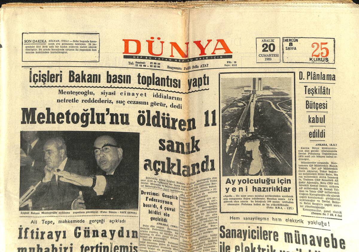 Dünya Gazetesi 20 Aralık 1969 - Mehetoğlu'nu Öldüren 11 Sanık Açıklandı - Herve Vilar Ve Kadınlar GZ150956 - 1