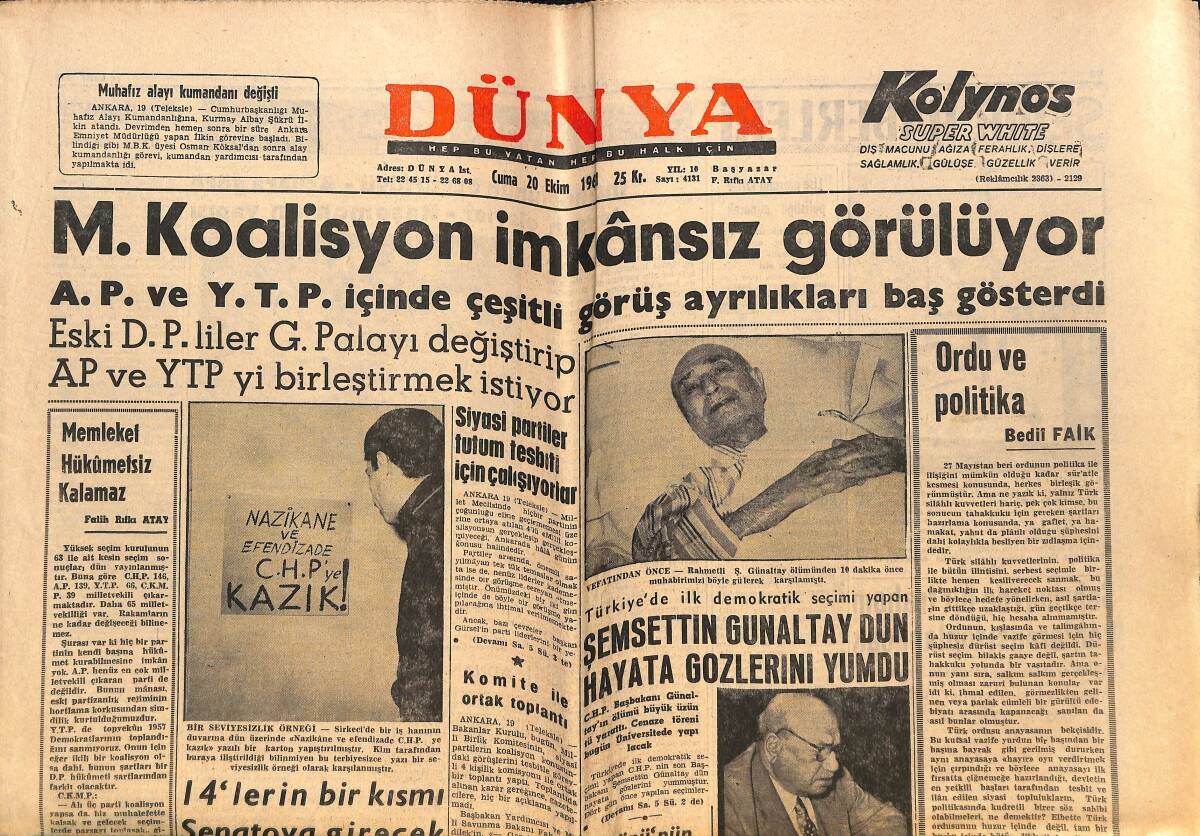 Dünya Gazetesi 20 Ekim 1961 - Şemsettin Günaltay Dün Hayata Gözlerini Yumdu - A.P. İl Başkanı Dün Beraet Etti GZ152477 - 1