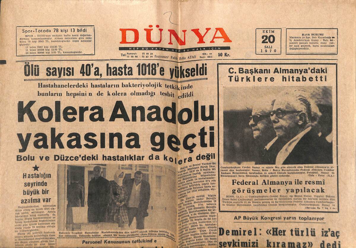 Dünya Gazetesi 20 Ekim 1970 - Kolera Anadolu Yakasına Geçti - Galatasaray Ve Beşiktaş İddialı Hazırlanıyor GZ151053 - 1