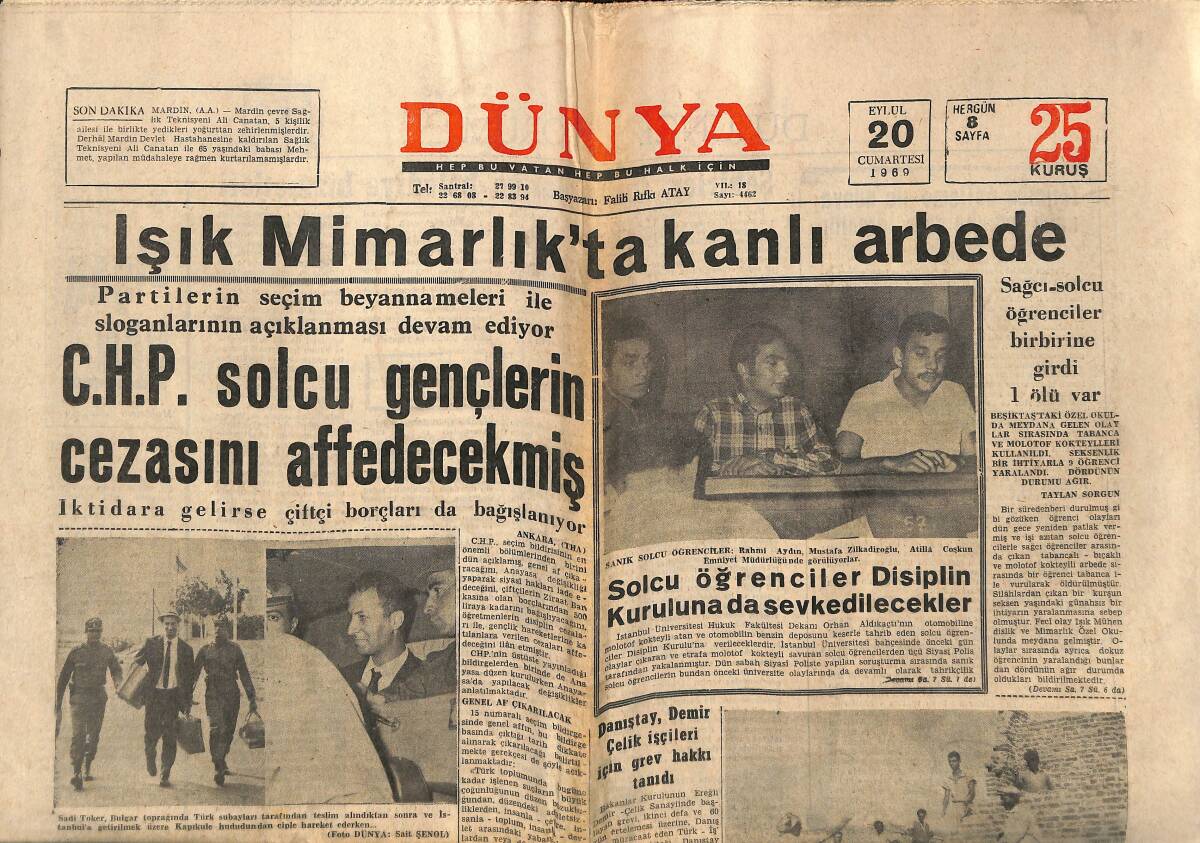 Dünya Gazetesi 20 Eylül 1969 - Sağcı-Solcu Öğrenciler Birbirine Girdi, Sadi Toker, Aya Giden 3 Astronot Türkiye'ye Geliyor, Robert Evans, Fatoş Balkır GZ148156 - 1