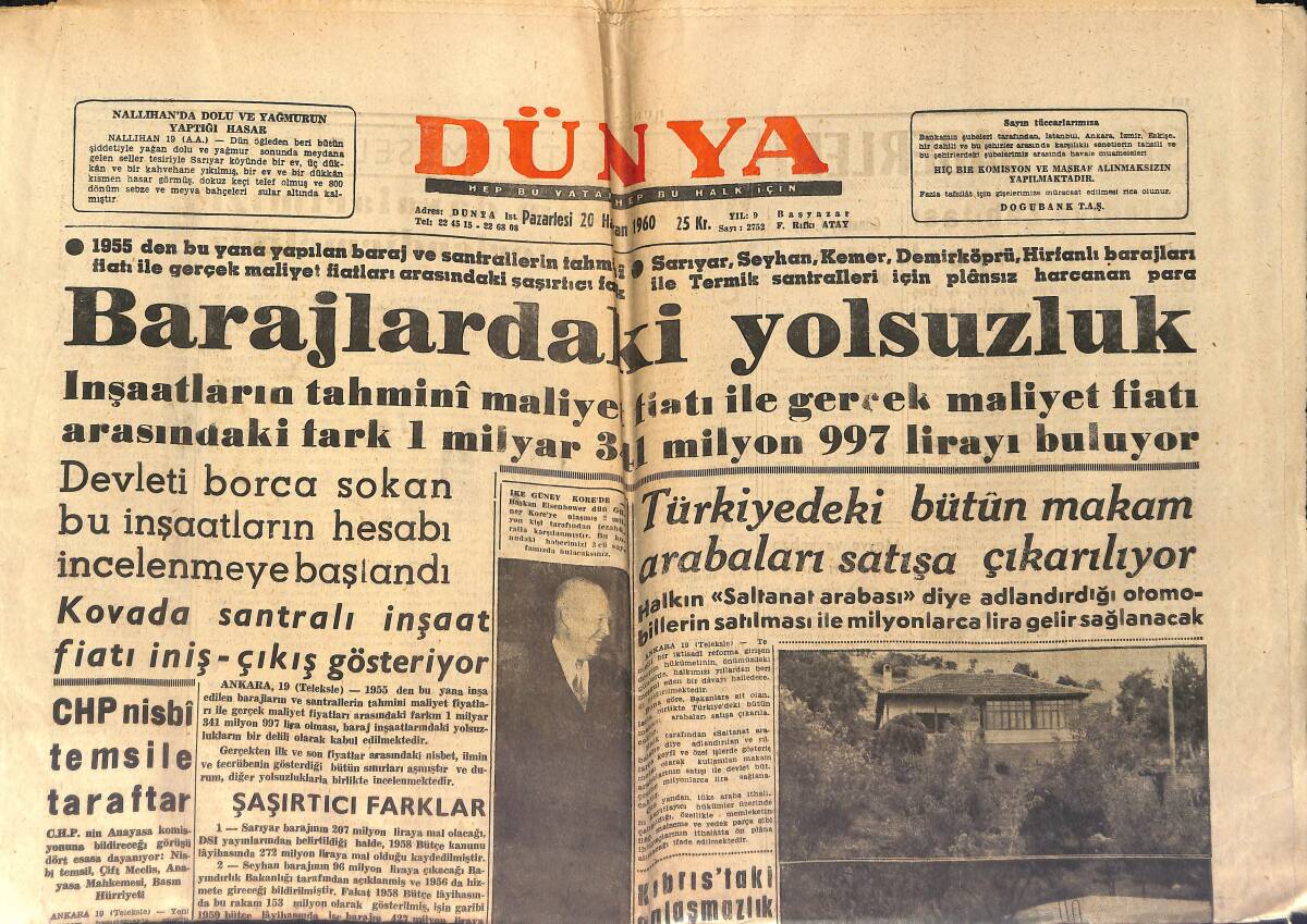 Dünya Gazetesi 20 Haziran 1960 - Barajlardaki Yolsuzluk - Bursa'da Atatürk Köşkü Depo Olarak Kullanılmış GZ154003 - 1