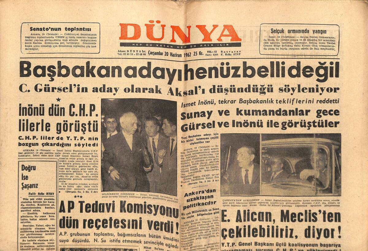 Dünya Gazetesi 20 Haziran 1962 - E. Alican , Meclis'ten Çekilebiliriz Diyor ! - Harb Okulu Öğrencileri İzmir'de GZ151257 - 1