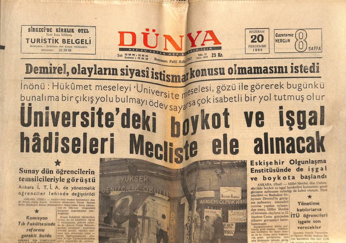 Dünya Gazetesi 20 Haziran 1968 - Üniversite'deki Boykot Ve İşgal Hadiseleri Mecliste Ele Alınacak - Fransa'da Kamuoyu De Gaulle'e Kayıyor GZ146325 - 1