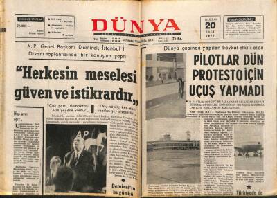 Dünya Gazetesi 20 Haziran 1972 - Türkiyede Uçak Seferleri Yapılmadı GZ82216 - 1