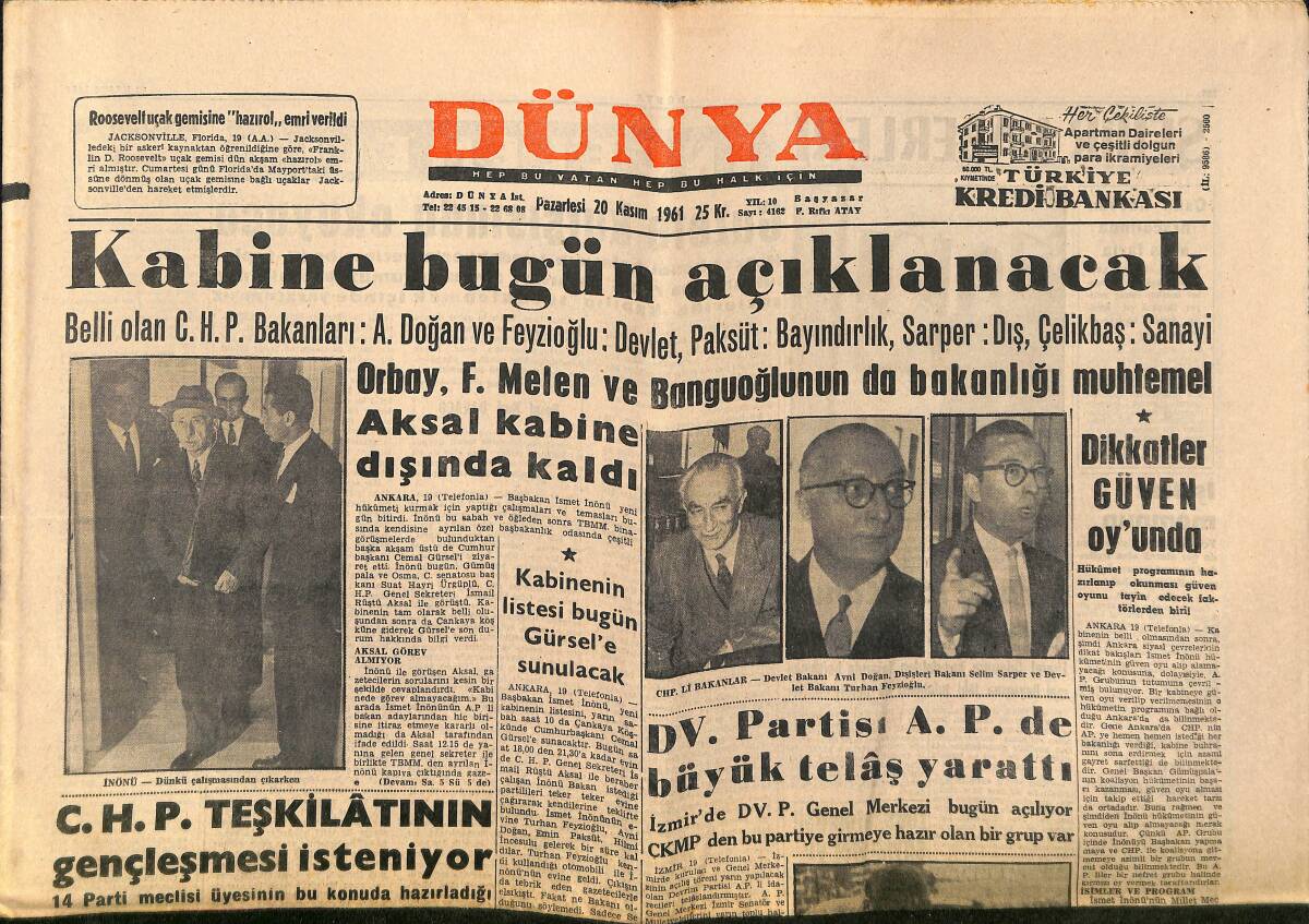 Dünya Gazetesi 20 Kasım 1961 - Kabine Bugün Açıklanacak - CHP Teşkilatının Gençleşmesi İsteniyor GZ148089 - 1