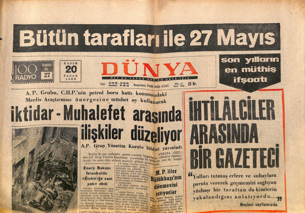 Dünya Gazetesi 20 Kasım 1966 - Hamlet, Yılın En Güzel Filmi Olacak - İktidar Muhalefet Arasında İlişkiler Düzeliyor GZ149344 - 1