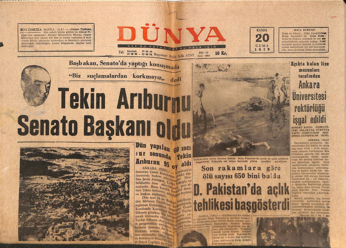 Dünya Gazetesi 20 Kasım 1970 - Tekin Arıburnu Senato Başkanı Oldu - Zeki Müren , Mevsimi Başkentte Açıyor GZ151305 - 1