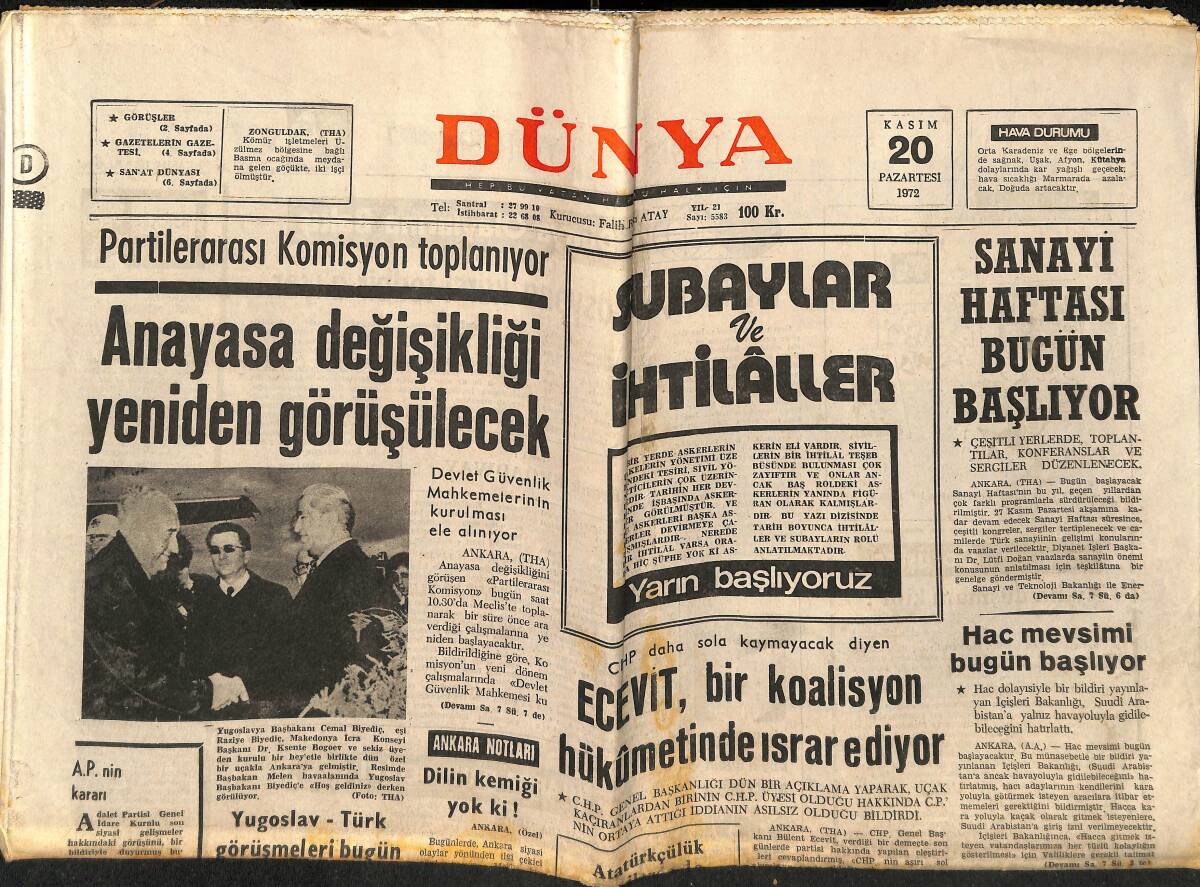 Dünya Gazetesi 20 Kasım 1972 - Eskişehirspor Gol Yağdırdı - Ecevit, Bir Koalisyon Hükümetinde Israr Ediyor GZ152239 - 1
