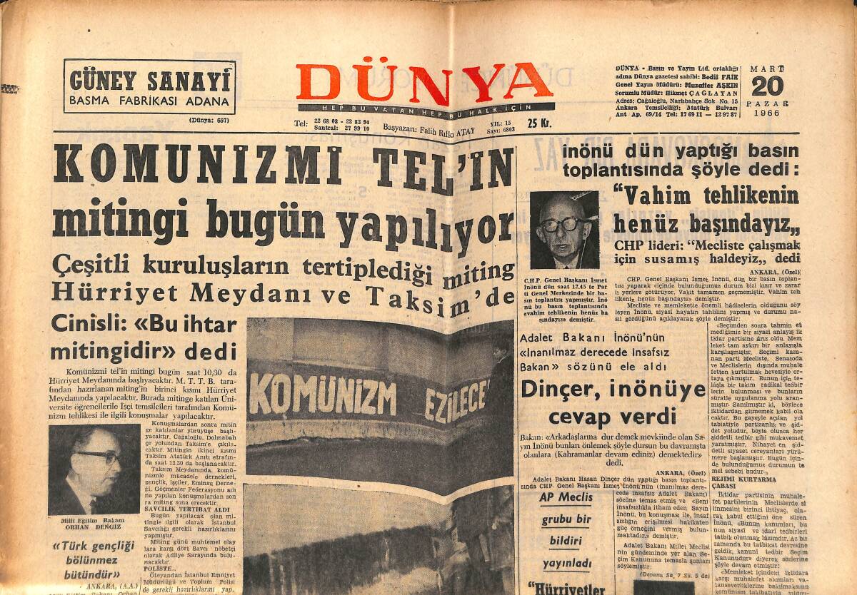 Dünya Gazetesi 20 Mart 1966 - Gürsel'in Durumu Her Gün Biraz Daha Kötüye Gidiyor - Salvador Dali Ve Göbek Dansı GZ150907 - 1