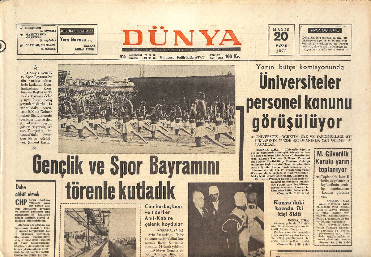 Dünya Gazetesi 20 Mayıs 1973 - Korutürk, Maden Reform Tasarısını Tasdik Etmedi - İkinci Lig'deki Kördüğüm Bugünkü Maçlarla Çözülüyor! GZ143025 - 1