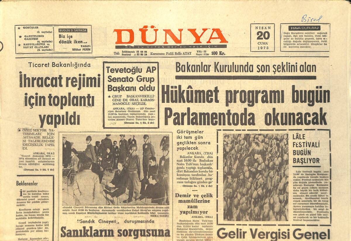 Dünya Gazetesi 20 Nisan 1973 - Gina Lollobrigida Cimrinin Tekidir - Chiristian Badin Bir Tezgahtar Kızla Nişanlandı GZ143151 - 1