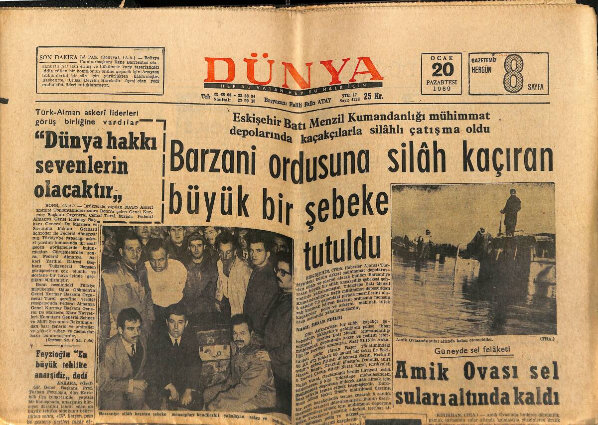 Dünya Gazetesi 20 Ocak 1969 - Barzani Ordusuna Silah Kaçıran Büyük Bir Şebeke Tutuldu - Cüneyt Arkın Köftecide Yemek Yerken Film Çevirdi GZ151002 - 1