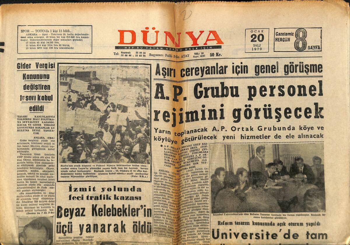 Dünya Gazetesi 20 Ocak 1970 - Mümtaz Tarhan Öldü - A.P. Grubu Personel Rejimini Görüşecek GZ148313 - 1