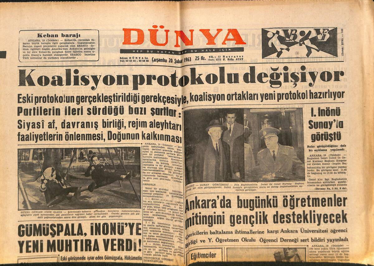 Dünya Gazetesi 20 Şubat 1963 - Gümüşpala , İnönü'ye Yeni Muhtıra Verdi - Polaris Deniz Altıları İle İlgili Açıklama GZ150524 - 1
