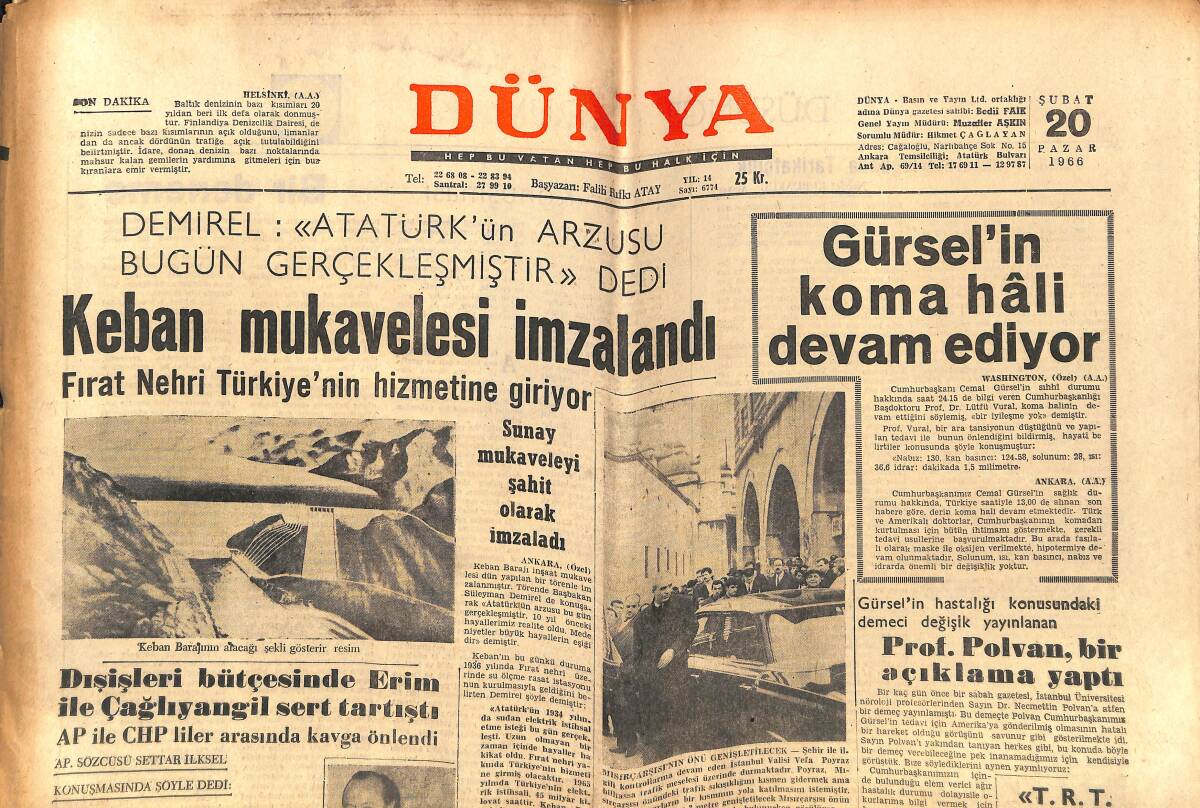 Dünya Gazetesi 20 Şubat 1966 - Keban Mukavelesi İmzalandı - Rusya'nın Küba'ya Füzeler Verdiği İddia Ediliyor GZ150823 - 1
