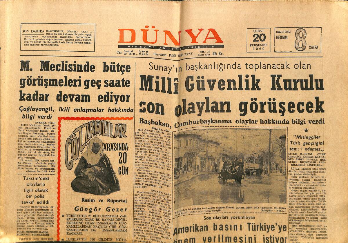 Dünya Gazetesi 20 Şubat 1969 - Pakistan'da Bir İç Savaş Tehlikesi Başgösterdi - Zürih Havaalanındaki Olay Büyük Tepki Yarattı GZ148175 - 1