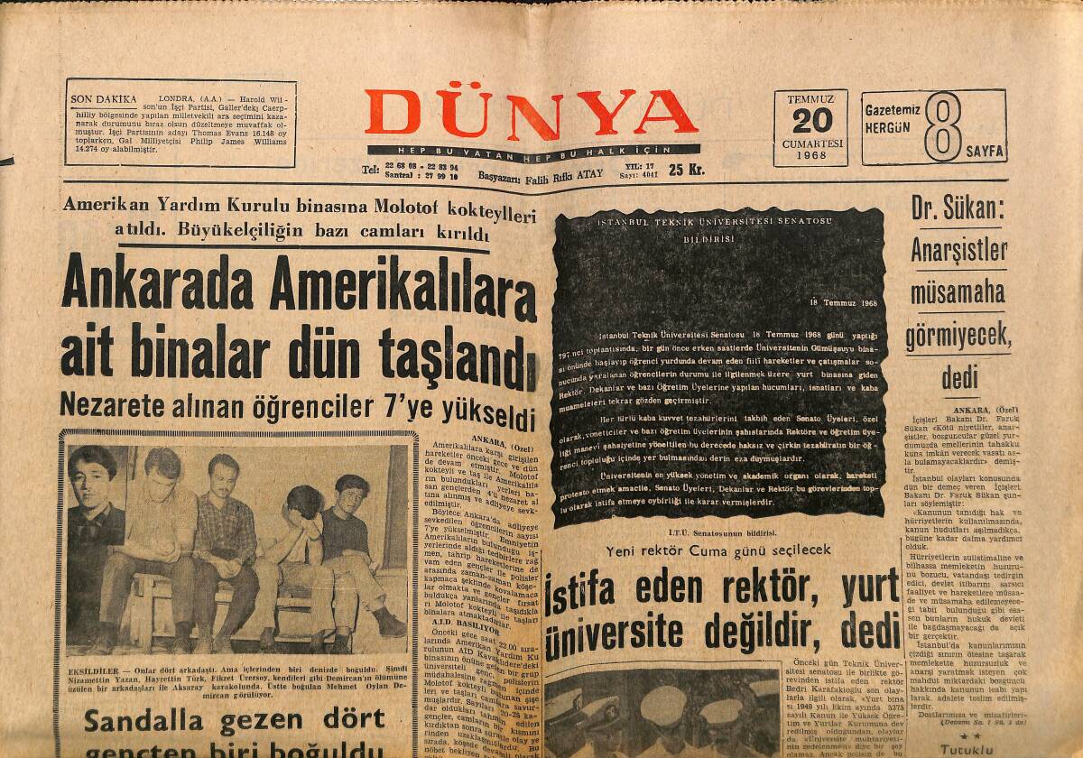 Dünya Gazetesi 20 Temmuz 1968 - İTÜ'de Rektör İstifa Etti, Sovyet-Çek Gerginliği Artıyor, Martin Luther King'in Katili Aranıyor, Al Bano GZ148162 - 1