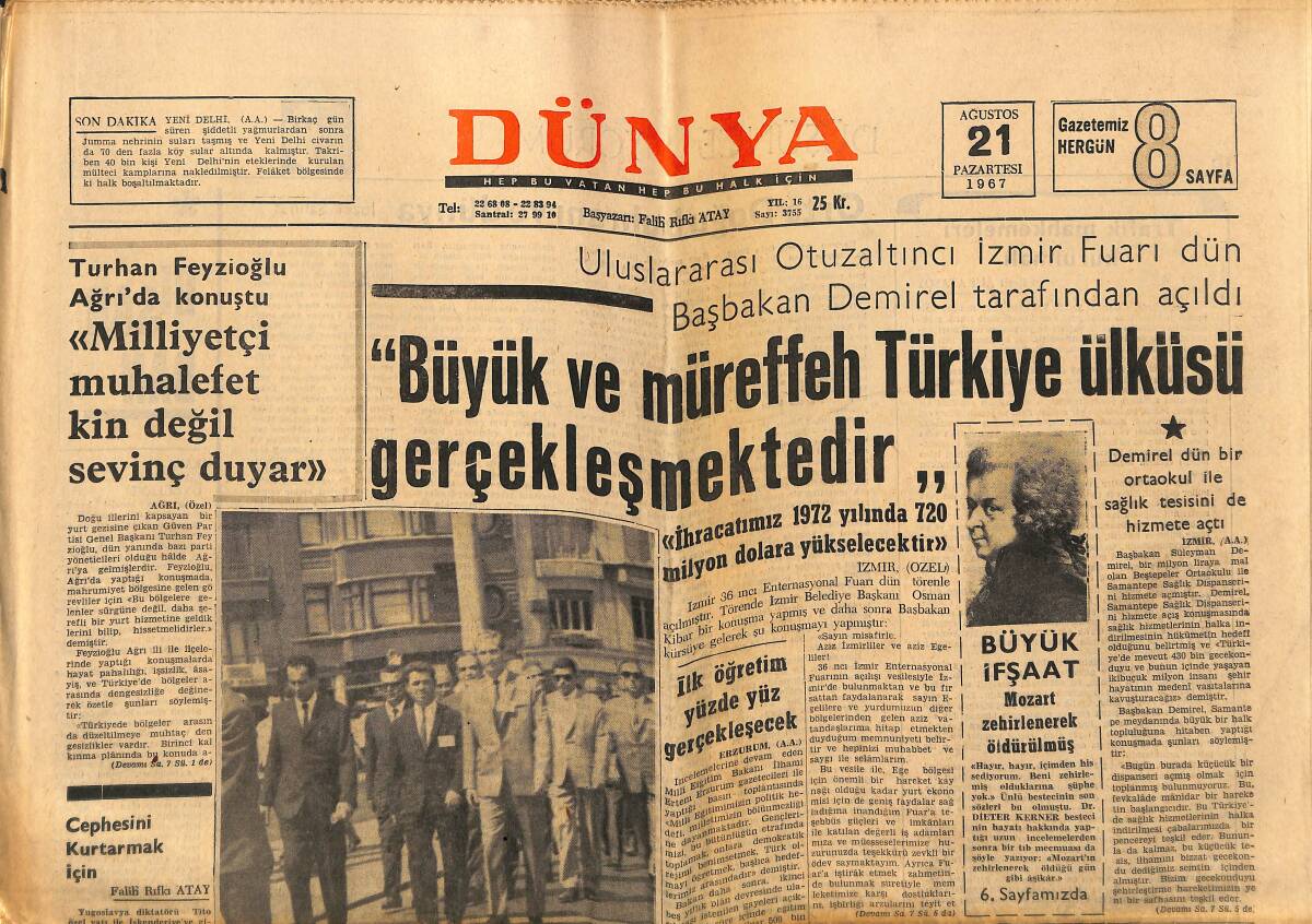 Dünya Gazetesi 21 Ağustos 1967 - Mozart Zehirlenerek Öldürülmüş - Galatasaray Beşiktaş'ı Yendi GZ152208 - 1