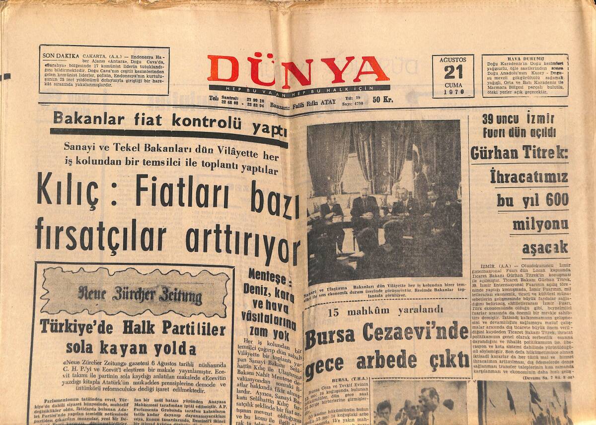 Dünya Gazetesi 21 Ağustos 1970 - Sharon Tate Cinayeti Bir Filme Konu Oluyor - Türkiye'de Halk Partililer Sola Kayan Yolda GZ151035 - 1