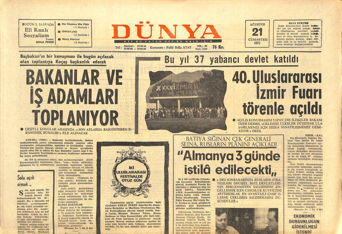 Dünya Gazetesi 21 Ağustos 1971 - A.E.T Ülkeleri Para Krizinde Anlaşamadı - Fenerbahçe Sakatları Düşünüyor! GZ143173 - 1