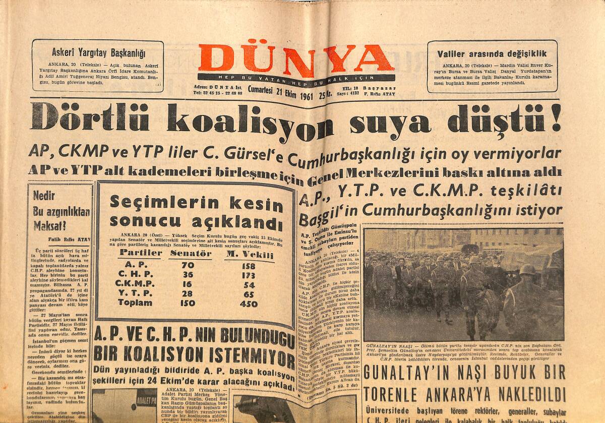 Dünya Gazetesi 21 Ekim 1961 - Gürsel , Ulay'ı Başbakanlığa Getirecek - Dörtlü Koalisyon Suya Düştü GZ152478 - 1